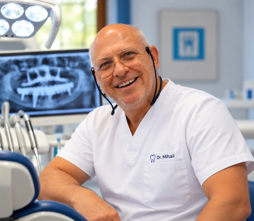 Dr. Catalin Mihail lächelnd im Behandlungszimmer, im Hintergrund ein Röntgenbild mit implantatgetragenem Zahnersatz